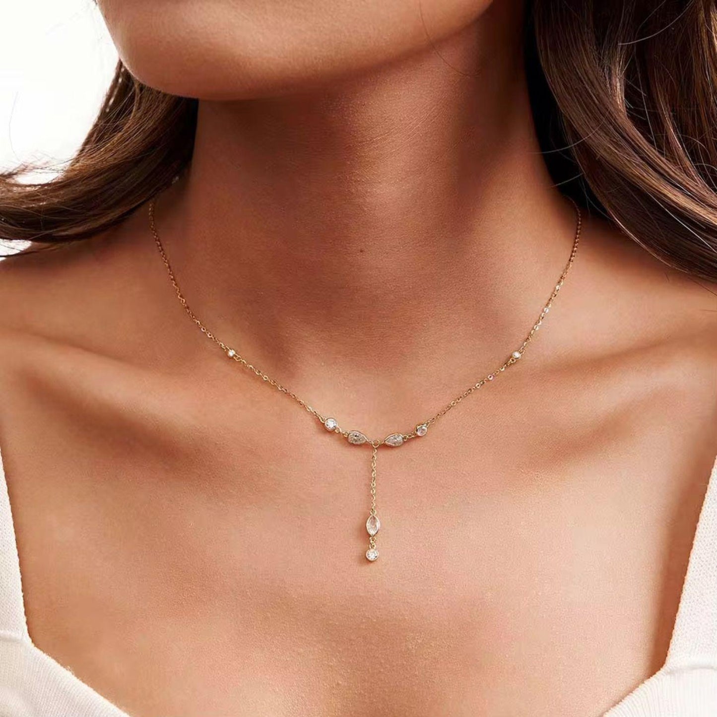 Delicate Cubic Zirconia Lariat Necklace - BQM18 Gold