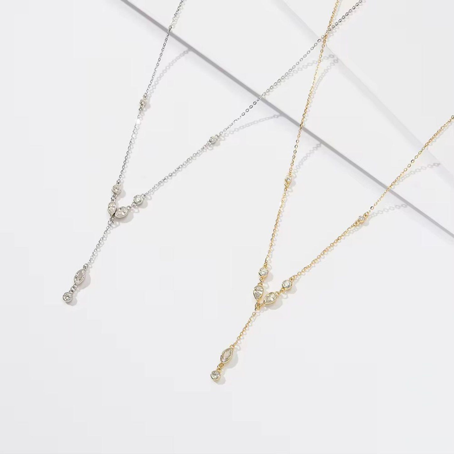 Delicate Cubic Zirconia Lariat Necklace - BQM18 Gold