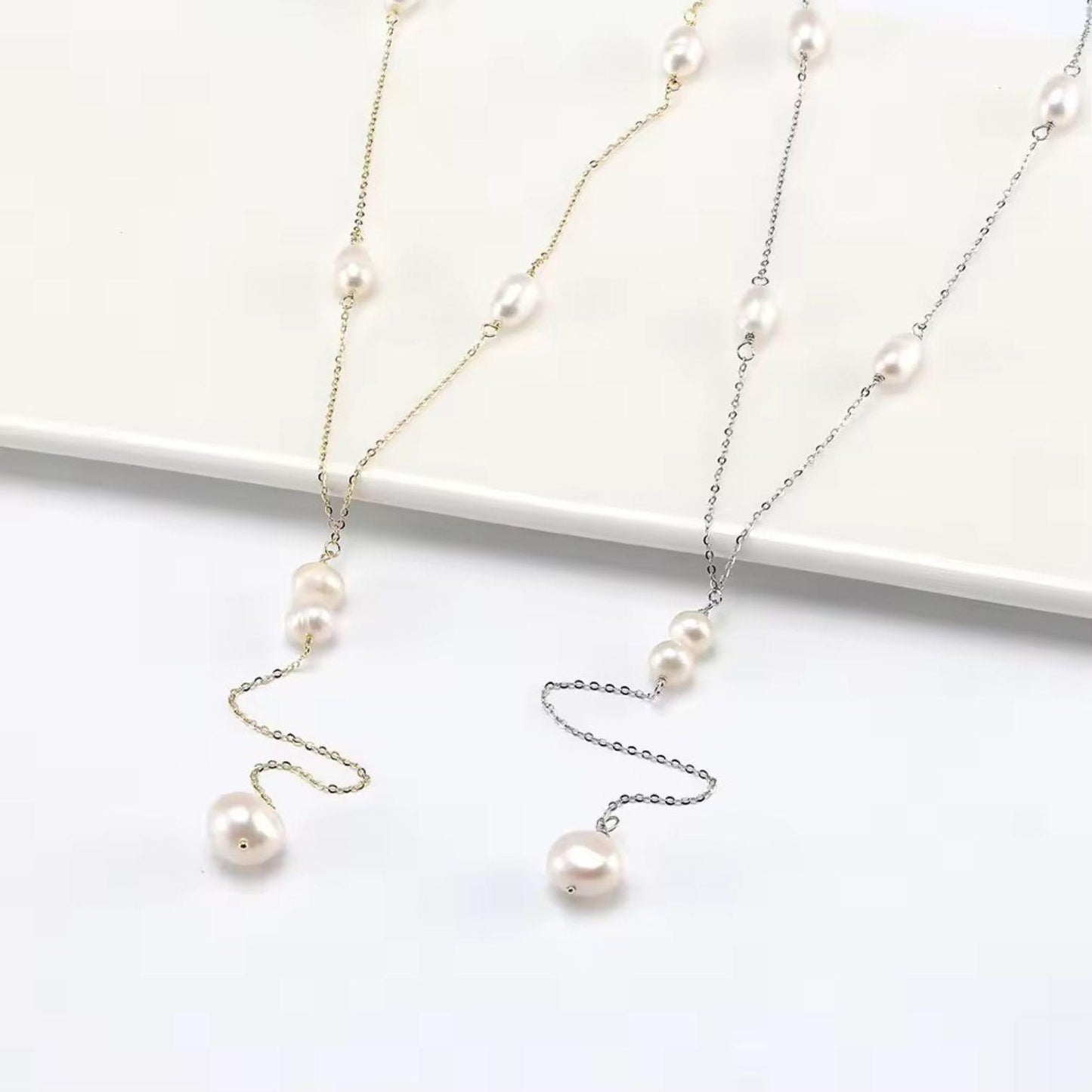 Delicate Freshwater Pearl Lariat Necklace - BQN17 Gold